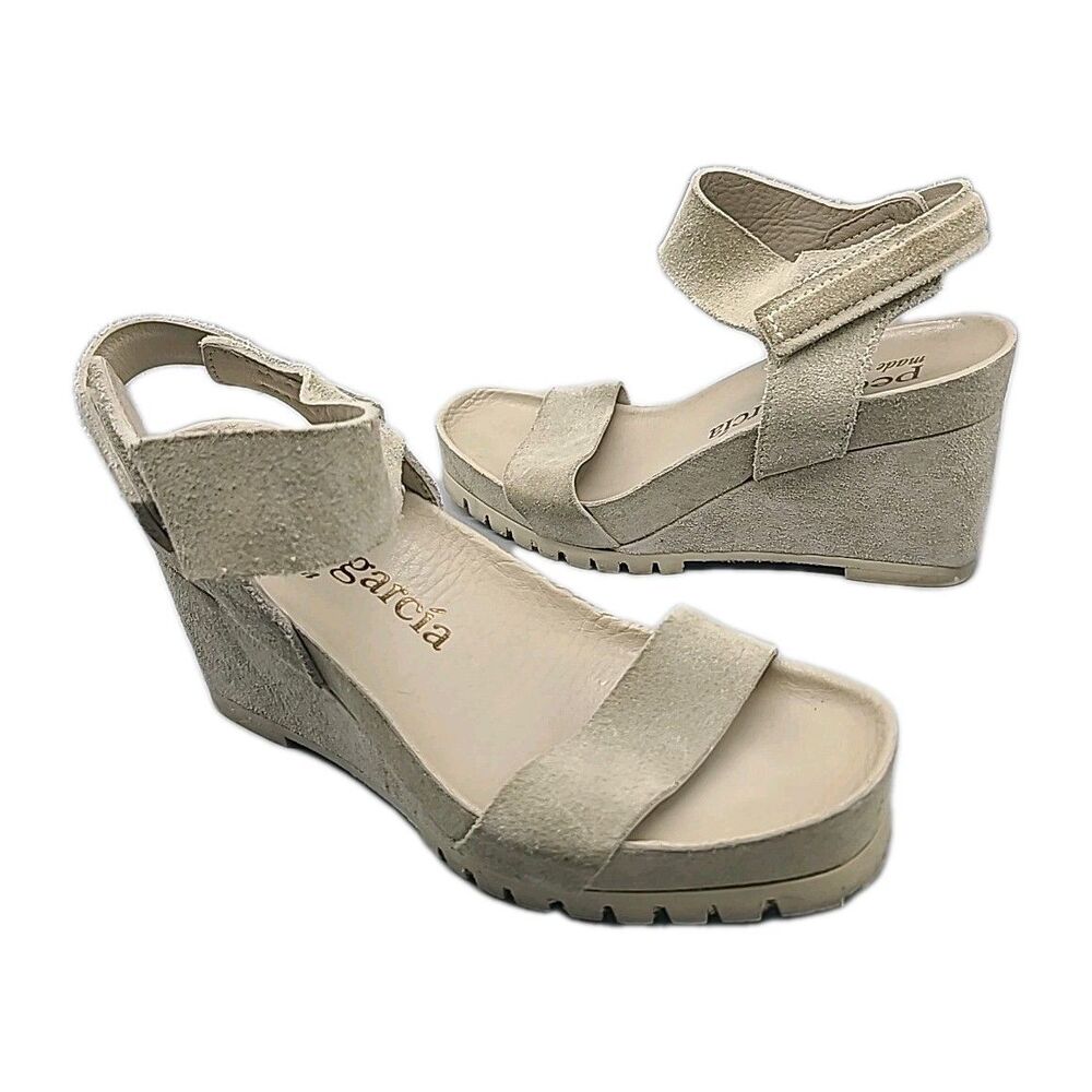 Pedro García Wedge Platform Sandals Beige Suede Hook & Loop Ankle Strap 7/ 37